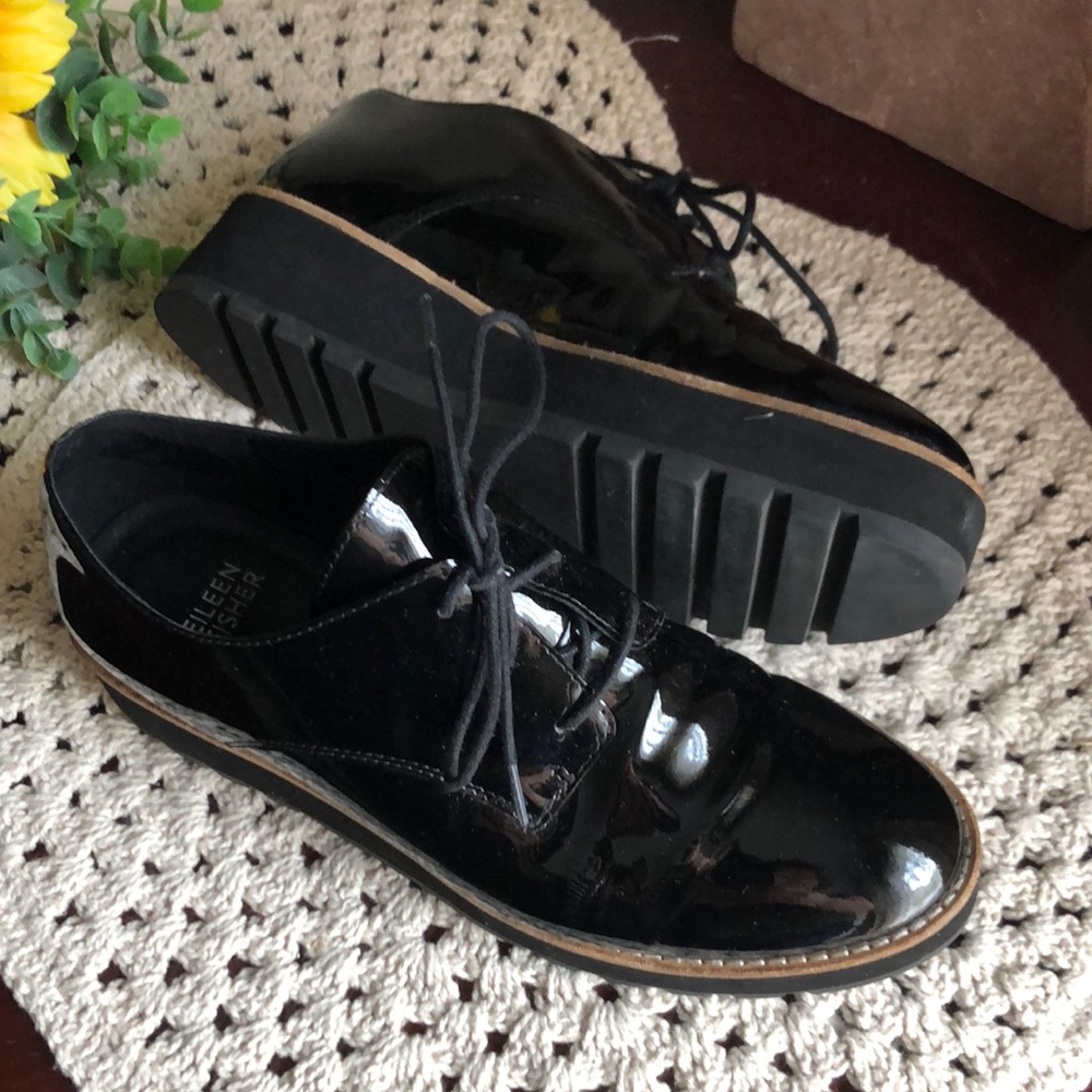 Eileen Fisher Women’s Black Patent Leather Eddy Platform Oxfords